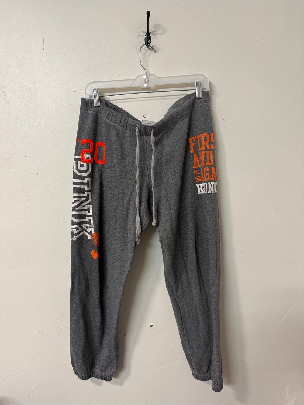PINK Victoria's Secret Gray Track Joggers with Orange & White Graphics Y2K 2010